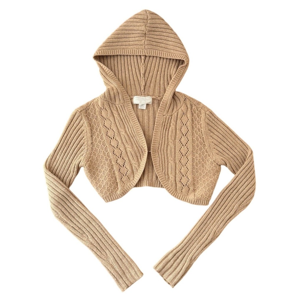 Y2K Cropped Hooded Shrug Womens S‎ Brown Cable Knit Long Sleeves 2000s Bratz